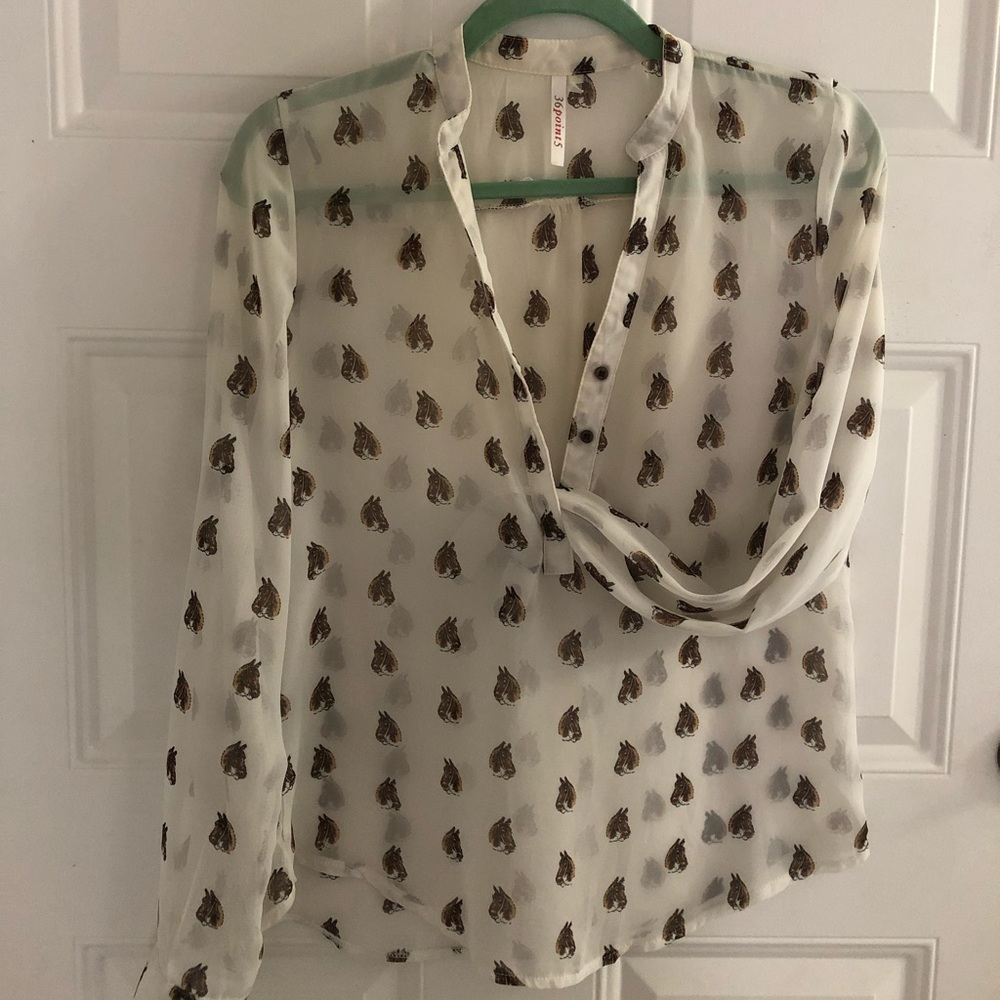 Long Sleeved Sheer Horse-Print Blouse